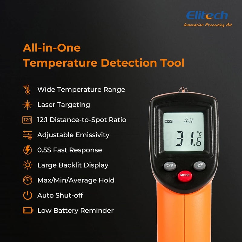 Elitech Laser Temperature Gun, Non-Contact Digital Infrared Thermometer, Adjustable Emissivity, Backlight, Handheld for Grill, Meat, Food, Candy, Automotive, HVAC Tools, -50~530°C(-58~986°F), DIT-220 - Image 3